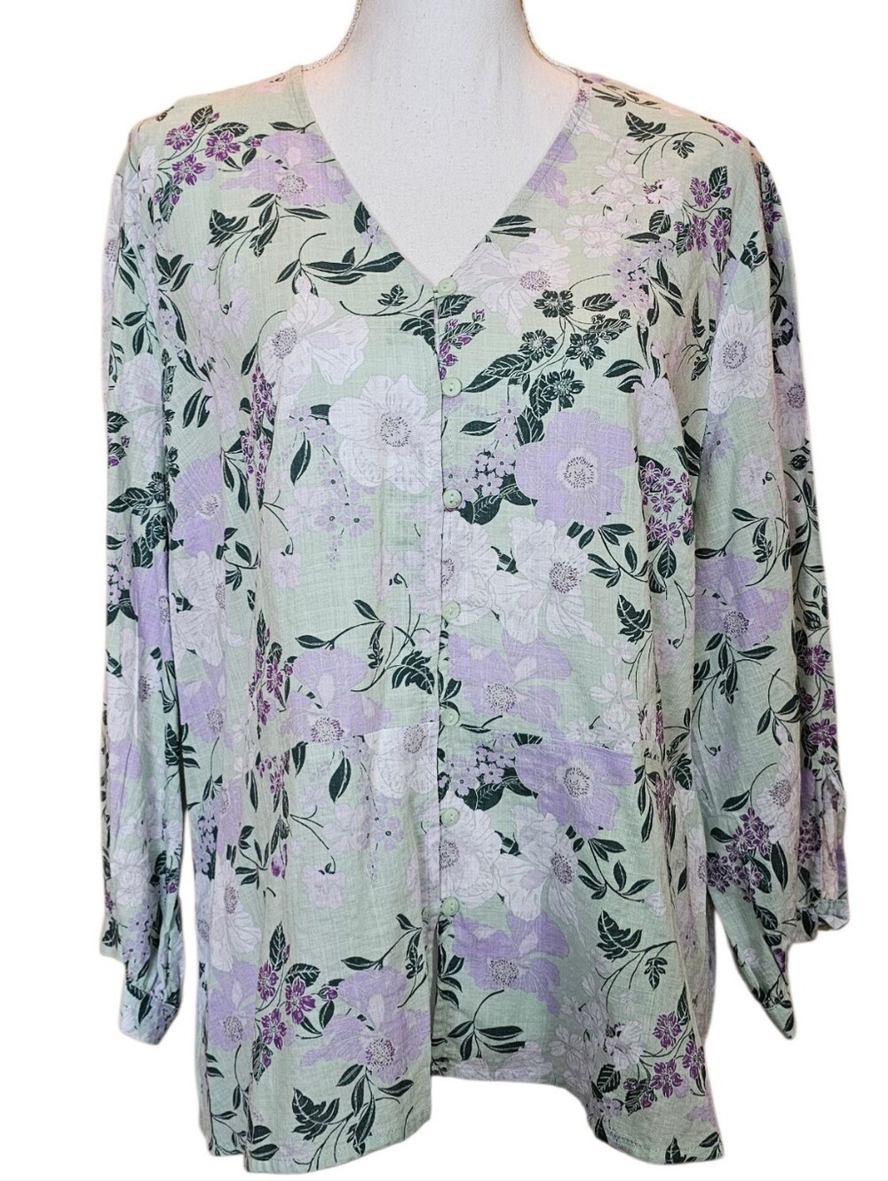 Liz Claiborne Womens XL Floral Blouse Green Purple Cotton Rayon Button Front